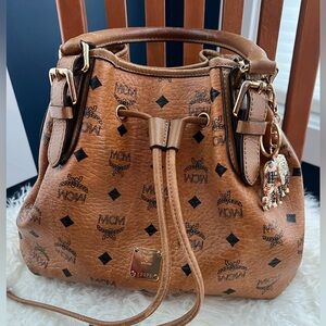 MCM Cognac Visetos Drawstring Leather Drawstring Backpack